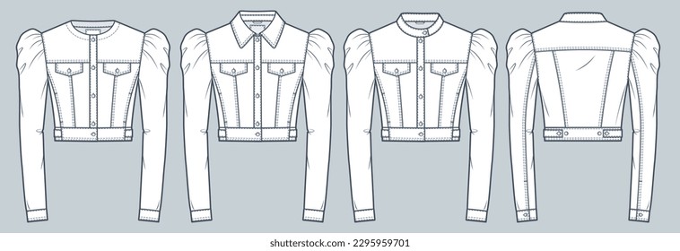 Cropped Denim Jackets technical fashion illusrtation. Puff Sleeves Jacket fashion flat technical drawing template, button down, pocket, slim fit, front and back view, white, women CAD mockup set