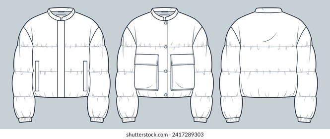 Cropped down Jacket technical fashion Illustration. Unisex Lightweight Jacket fashion flat technical drawing template, pocket, buttons, front and back view, white, women, men, unisex CAD mockup set.