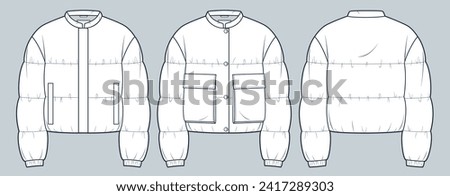 Cropped down Jacket technical fashion Illustration. Unisex Lightweight Jacket fashion flat technical drawing template, pocket, buttons, front and back view, white, women, men, unisex CAD mockup set.