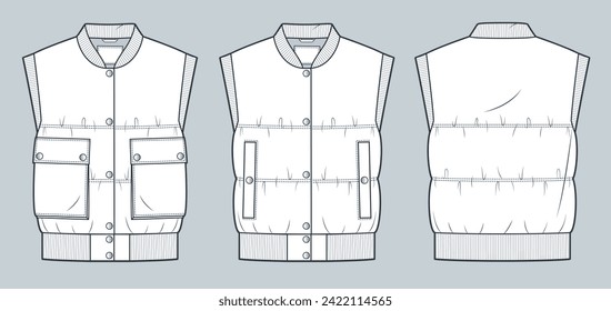 Moda técnica de la chaqueta recortada con el chaleco. Ilustración. Bomba de puffer con diseño de barniz de cinta plantilla técnica de dibujo, bolsillos, botón, frente, retrovista, blanco, mujeres, hombres, conjunto de simulación CAD unisex.