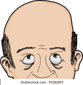 Cropped face of bald Caucasian man looking up