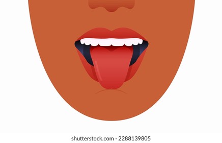 Cropped Female Brown Skin Color Face with Beautiful Smile White Teeth Mouth Open Showing Tongue. Modern Flat Vector Illustration.