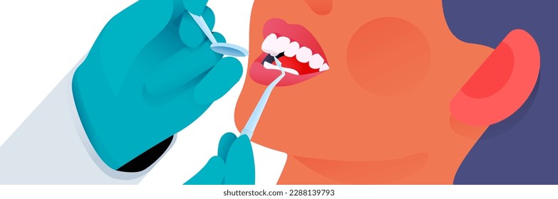 Cropped Female Face with Beautiful White Teeth Mouth Open. Cropped Hand Gloves Holding Mouth Mirror,  Resin Filler Probe. Modern Flat Vector Illustration.