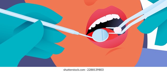 Cropped Female Face with Beautiful White Teeth Mouth Open. Cropped Hand Gloves Holding Mouth Mirror with Handle and Dental Tweezers with Cotton. Modern Flat Vector Illustration.