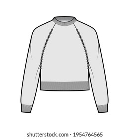 Cropped Fisherman Sweater technical fashion illustration with rib crewneck, long raglan sleeves, relax body, knit trim. Flat jumper apparel front, grey color style. Women men unisex CAD mockup