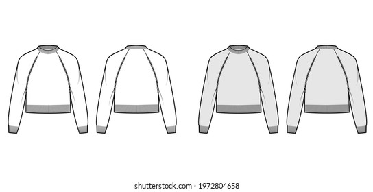 Cropped Fisherman Sweater technical fashion illustration with rib crewneck, long raglan sleeves, relax body, knit trim. Flat jumper apparel front, back, white grey color style. Women men CAD mockup