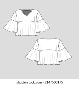 cropped flutter top v neck ruffle detail sleeve and hem crop tee blouse fashion flat sketch technical drawing template design vector.