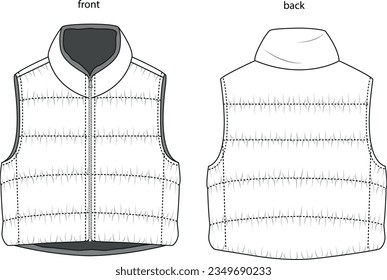 Cropped front zipper Jacket Vest technical fashion Illustration. high collar Inflatable Jacket Vest technical drawing template, sleeveless, front and rear view, white, women, men, unisex CAD mockup se