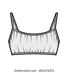 Cropped gathered at the front Bra top technical fashion illustration with back hook fastenings, shoulder straps. Flat swimwear lingerie template grey color. Women, men, unisex underwear CAD mockup