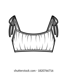 Cropped gathered at the front Bra top technical fashion illustration with ties at shoulders, back hook fastenings. Flat swimwear lingerie template front white color. Women men unisex underwear CAD
