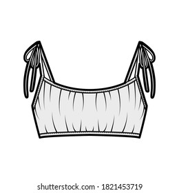 Recortada reunida en la ilustración de moda técnica de la parte superior delantera de la Bra con corbatas en los hombros, fijaciones de ganchos de espalda. Plantilla de lencería plana de ropa de baño de color gris frontal. Mujeres hombres unisex ropa interior CAD