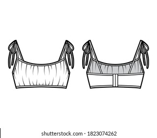 Cropped gathered at the front Bra top technical fashion illustration with ties at shoulders back hook fastenings. Flat swimwear lingerie template front back white color. Women men unisex underwear CAD
