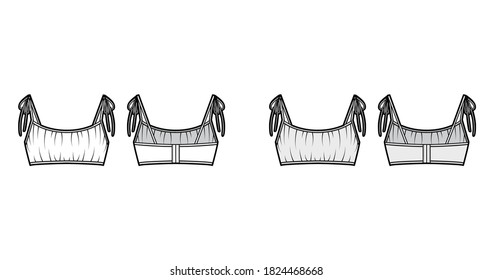 Cropped gathered at the front Bra top technical fashion illustration with ties at shoulders, back hook fastenings. Flat swimwear lingerie template front back white grey color. Women men underwear CAD