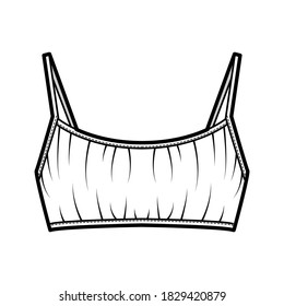 Cropped gathered at the front Bra top technical fashion illustration with back hook fastenings, shoulder straps. Flat swimwear lingerie template white color. Women, men, unisex underwear  mockup