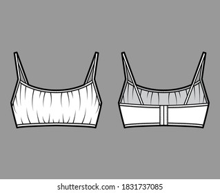 Cropped gathered at the front Bra top technical fashion illustration with back hook fastenings, shoulder straps. Flat swimwear lingerie template back white color. Women men unisex underwear CAD mockup