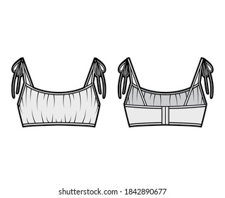 Recortada reunida en la ilustración de moda técnica de la parte superior delantera de la Bra con corbatas en los hombros, fijaciones de ganchos de espalda. Plantilla de lencería de ropa de baño plana de color gris de fondo delantero. Mujeres hombres unisex ropa interior CAD