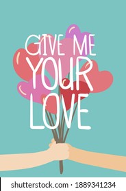 Cropped graphic image of heart balloons that a man give to a woman on aqua green background.