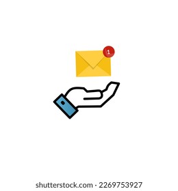 Cropped hand with envelope. Email sign.Hand holds envelope with notification. Email or message received concept,letter, correspondence, new e-mail message, incoming messages concept.Flat design vector