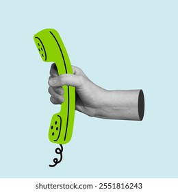 Cropped hand holding telephone pop art vector illustration. Communication and connection concept.