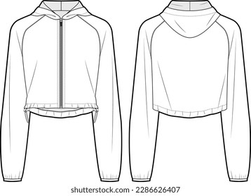 Cropped hooded lightweight jacket fashion vector sketch, Apparel template