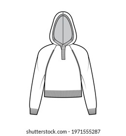 Cropped Hooded Sweater technical fashion illustration with rib neck, long raglan sleeves, relax fit, waist length, knit trim. Flat jumper apparel front, white color style. Women, men unisex CAD mockup