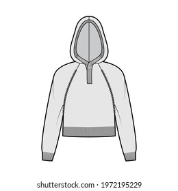 Cropped Hooded Sweater technical fashion illustration with rib neck, long raglan sleeves, relax fit, waist length, knit trim. Flat jumper apparel front, grey color style. Women, men unisex CAD mockup