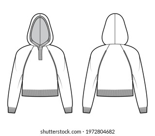 Cropped Hooded Sweater technical fashion illustration with rib neck, long raglan sleeves, relax fit, waist length, knit trim. Flat jumper apparel front, back, white color style. Women, men CAD mockup