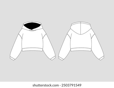 Cropped Hoodie Mockup Template Crop Hoodie Vector Flat Technical Drawing Hoodie Mock-up Illustration Template