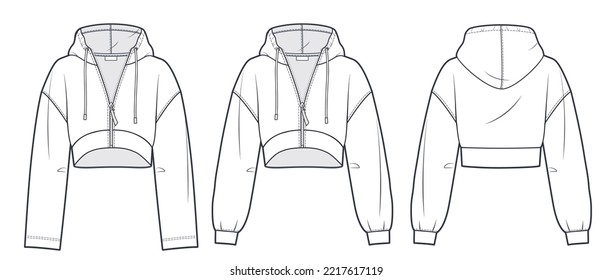 Cropped Hoodie Sweatshirt technical fashion illustration  Oversize Sweatshirt fashion technical drawing template  zip  up  long sleeve  front   back view  white  women  men  unisex cad mockup set 