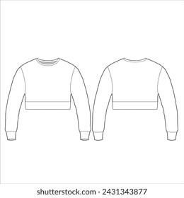 Cropped Hoodie Sweatshirt technische Mode-Illustration. Oversize Sweatshirt Mode technische Zeichnungsvorlage, Reißverschluss, lange Ärmel, Vorder- und Rückansicht, weiß, Frauen, Männer, Unisex-Cad Mockup Set.