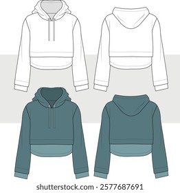 Cropped Hoodie sweatshirt technical fashion illustration, fashion flat technical drawing template, hood, relaxed fit, front and back view, unisex, CAD mockup.