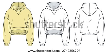 Cropped Hoodie Technical Drawing, Oversized Crop Sweatshirt Fashion Flat, Women Streetwear Hoodie Template, Front and Back View CAD Mockup