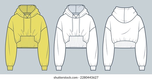 Cropped Hoodie technical fashion illustration. Hoodie Sweatshirt fashion flat technical drawing template, front and back view, white, yellow color, women, men, unisex CAD mockup set.