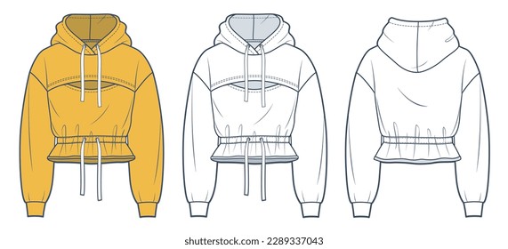 Ilustración técnica de moda Cropped Hoodie. Moda de sudadera con capucha plantilla de dibujo técnico plano, vista frontal y trasera, color blanco, amarillo, mujeres, hombres, conjunto de maquillaje CAD unisex.