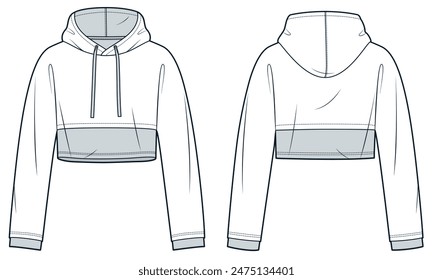 Crop Hoodie technische Mode-Illustration. Sweatshirt Mode flache technische Zeichnung Vorlage, Kapuze, entspannte Passform, Vorder- und Rückansicht, weiß und grau, Damen, Herren, Unisex Top CAD Mockup.