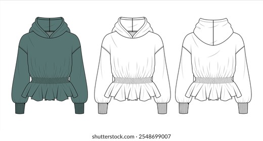 Cropped Hoodie Technical Fashion Illustration – WOMENS Hooded Sweatshirt fashion flat technical drawing Template. Front and Back Views Professional CAD Mockup Set.