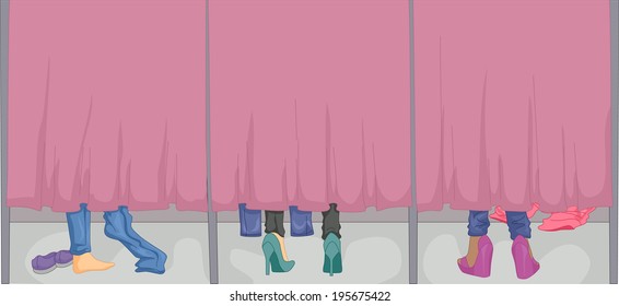 Cropped Illustration Featuring The Feet Of Women Changing In The Fitting Room