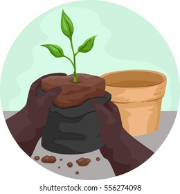 Cropped Illustration Featuring a Gardener Pulling a Seedling Out of a Plastic Bag