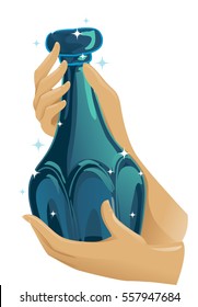 Cropped Illustration Featuring a Hand Holding an Antique Perfume Bottle with an Elaborate Design