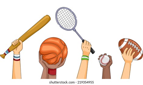 Cropped Illustration Featuring Hands Holding Different Sports Equipment