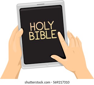 Cropped Illustration Featuring a Man Holding a Computer Tablet with the Words Holy Bible Written on Its Homepage