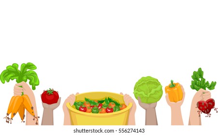 Cropped Illustration Featuring Young Gardeners Proudly Presenting the Produce They Harvested