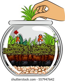 Cropped Illustration of a Hand Adding More Grass to a Terrarium Made from a Glass Bowl