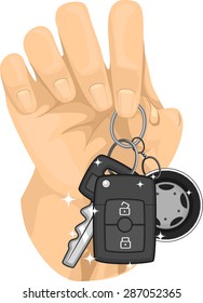 Cropped Illustration of a Hand Holding a Car Key Chained Together with a Remote Control