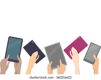 Cropped Illustration of Hands Raising Computer Tablets