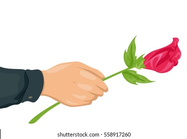 Cropped Illustration of a Man Offering a Long Stemmed Pink Rose to a Loved One
