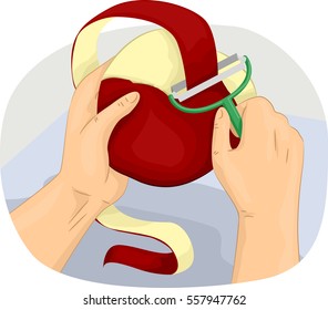 Cropped Illustration of a Man Peeling the Skin of an Apple to Eat it as a Snack