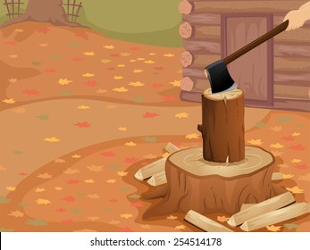 Cropped Illustration of a Person Chopping Logs Outside a Log Cabin