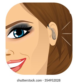 cropped illustration of a smiling woman wearing a hearing aid