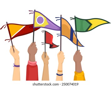 Cropped Illustration of Students Raising College Flags